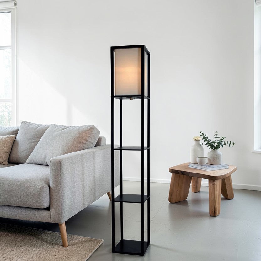 Black Living Room Floor Lamp with Wood Shelves