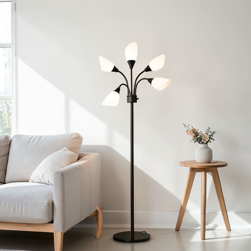 Black Metal Floor Lamp, 5 Adjustable Lights with White Shades, Modern Multi-Head Standing Lamp