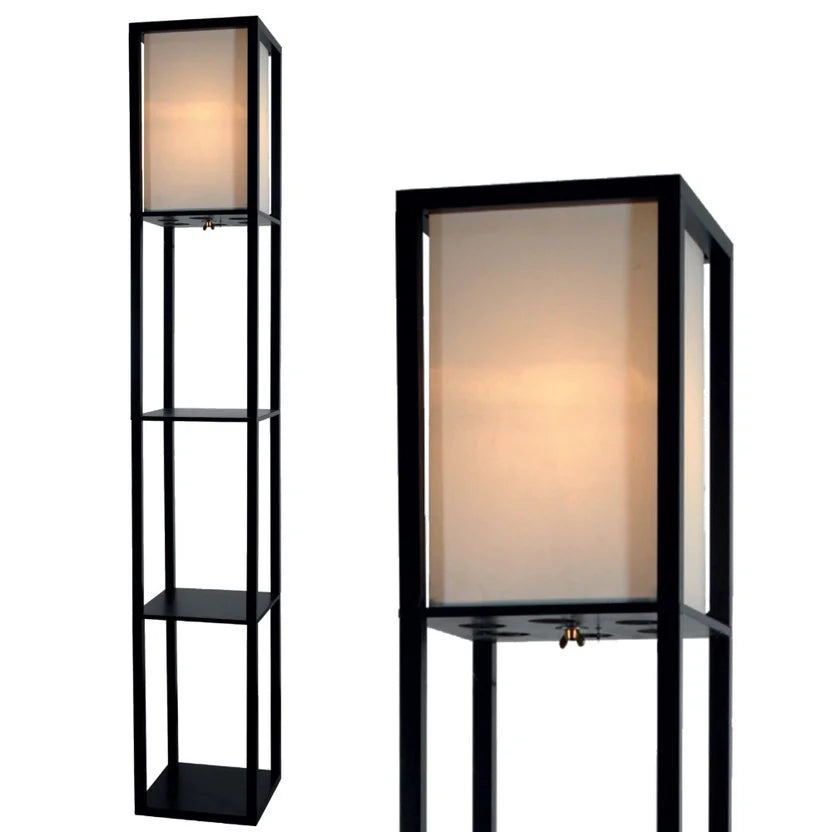 Black Living Room Floor Lamp with Wood Shelves
