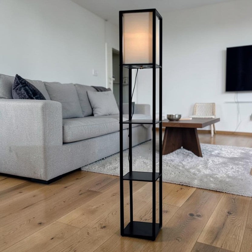 Black Living Room Floor Lamp with Wood Shelves