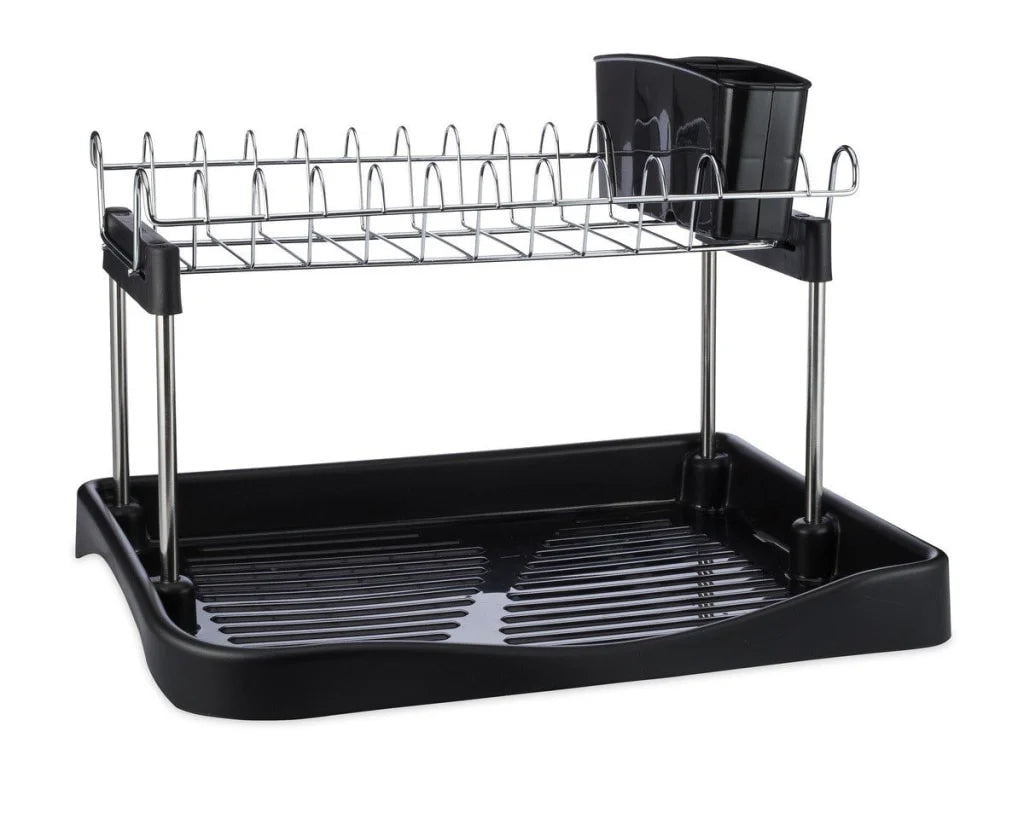 Chrome-Plated Steel Dish Rack with Drain Tray & Utensil Holder, Compact Countertop Organizer