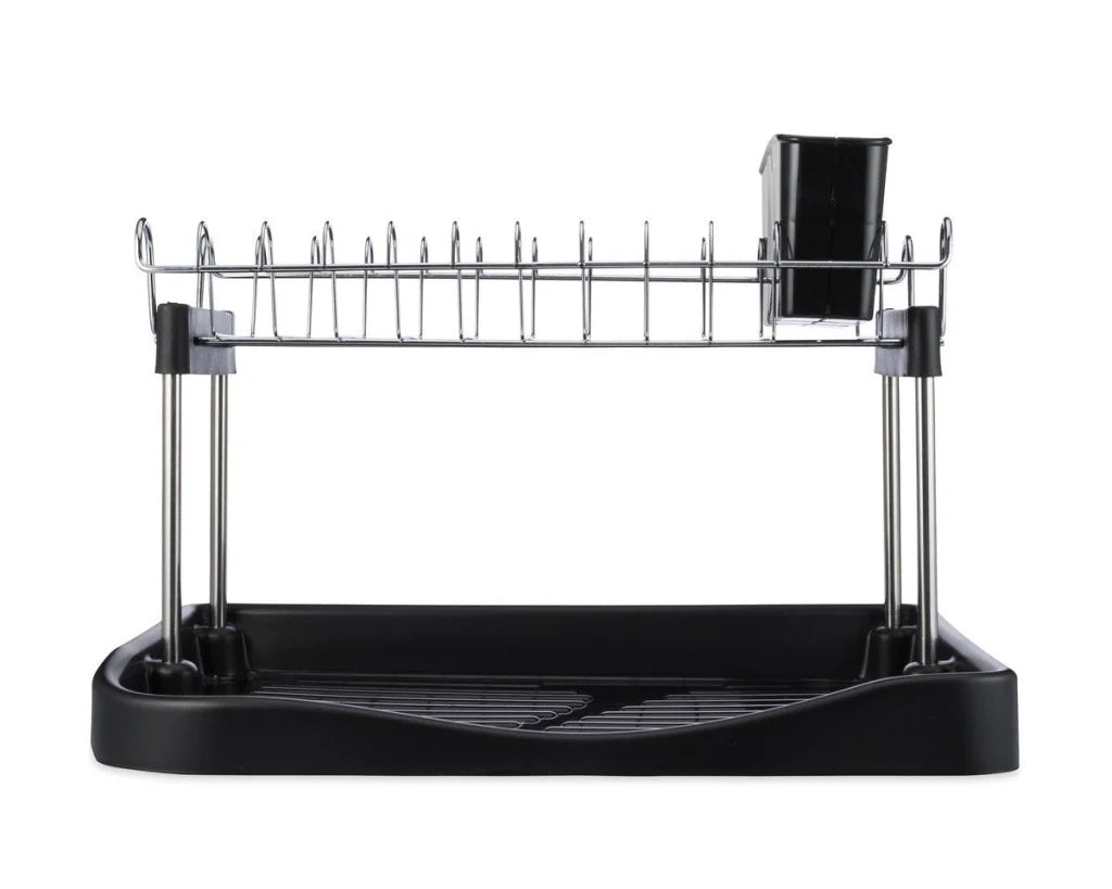 Chrome-Plated Steel Dish Rack with Drain Tray & Utensil Holder, Compact Countertop Organizer