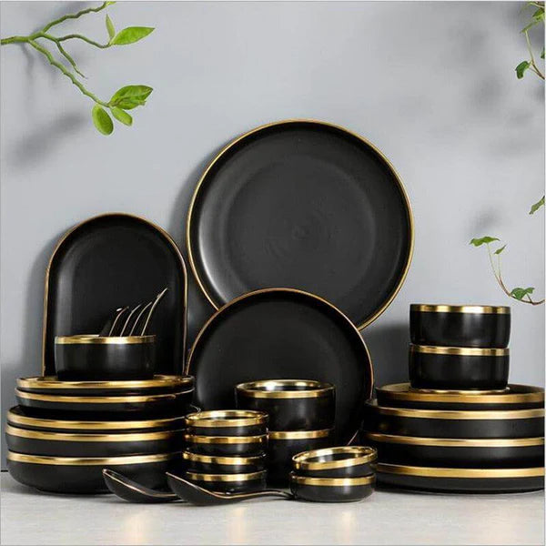 NoirGold Dinnerware Set Black Ceramic with Gold Rim 40-Piece Service for 8, Modern Kitchen Tableware Collection