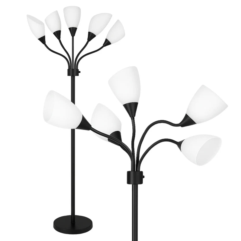 Black Metal Floor Lamp, 5 Adjustable Lights with White Shades, Modern Multi-Head Standing Lamp