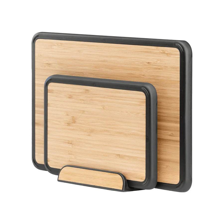 Kitchen Chopping Board Set Bamboo with Silicone Edges & Storage Stand, 3-Piece Prep System