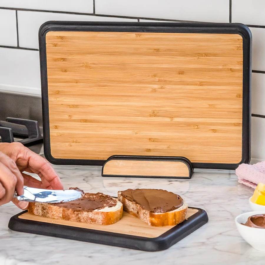 Kitchen Chopping Board Set Bamboo with Silicone Edges & Storage Stand, 3-Piece Prep System