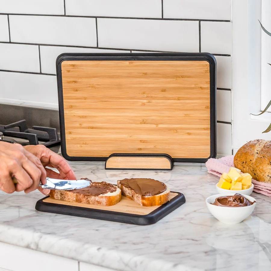 Kitchen Chopping Board Set Bamboo with Silicone Edges & Storage Stand, 3-Piece Prep System