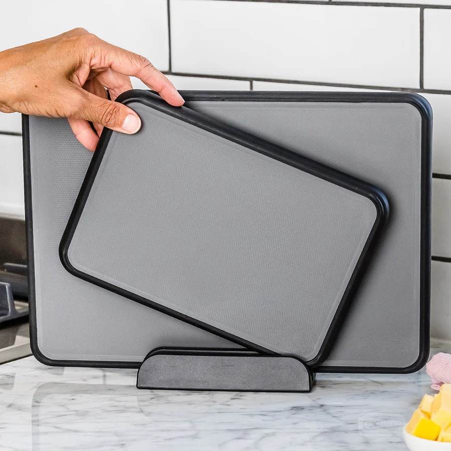 Kitchen Chopping Board Set Non-Slip Plastic with Silicone Fold-Up Edges & Stand, 3-Piece Prep System