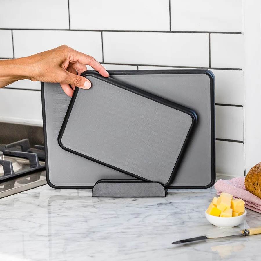 Kitchen Chopping Board Set Non-Slip Plastic with Silicone Fold-Up Edges & Stand, 3-Piece Prep System