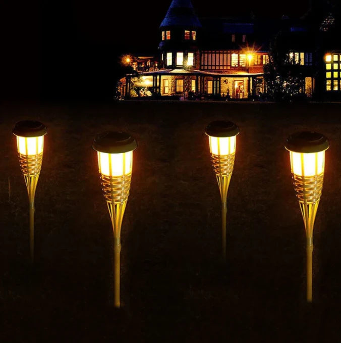 LED Outdoor Light Natural Bamboo Finish Solar Torch Style 6 Piece Set, Garden Pathway Outdoor Light