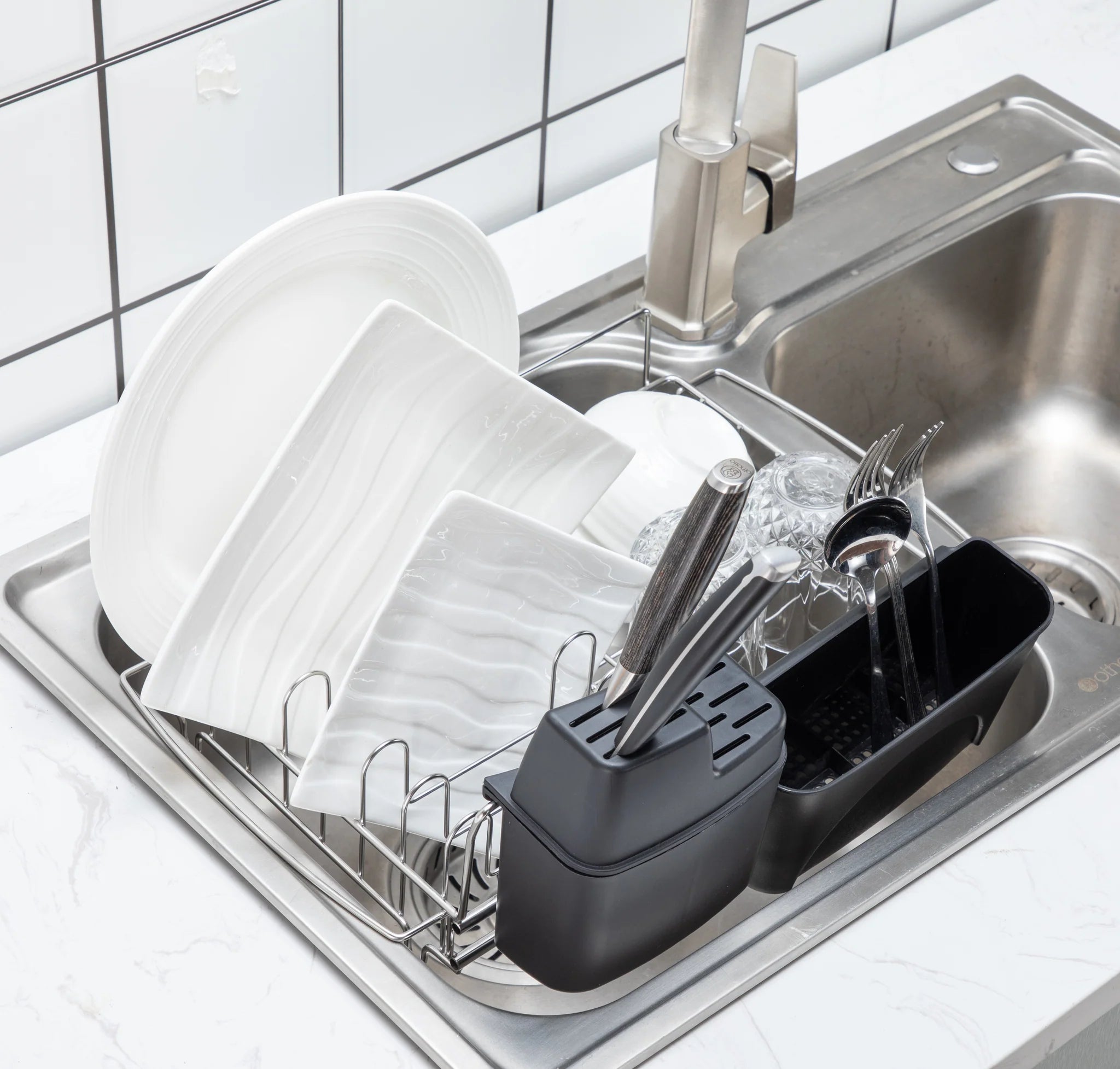 Kitchen Dishrack, 304 Stainless Steel Adjustable In-Sink Organizer with Utensil Holders, Space-Saving Design