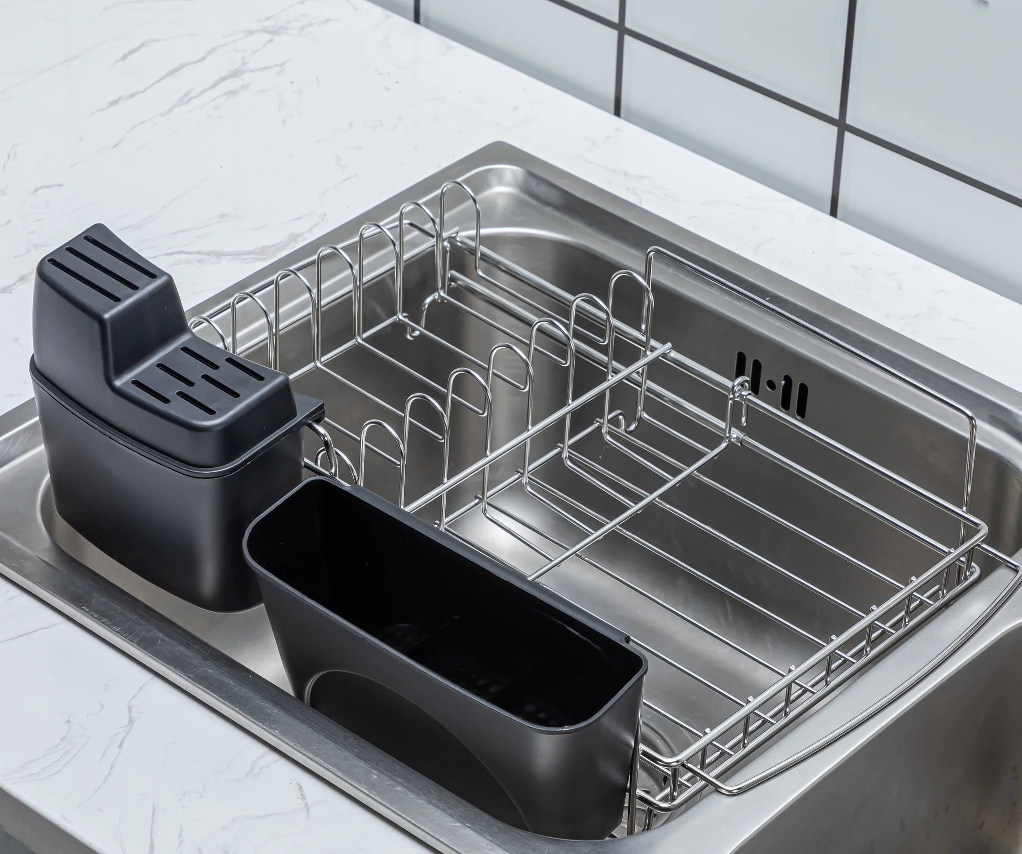 Kitchen Dishrack, 304 Stainless Steel Adjustable In-Sink Organizer with Utensil Holders, Space-Saving Design
