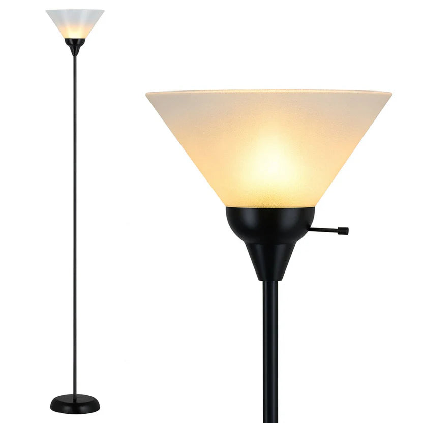 Black Metal Living Room Floor Lamp with Frosted Cone Shade, Modern Torchiere Standing Lamp