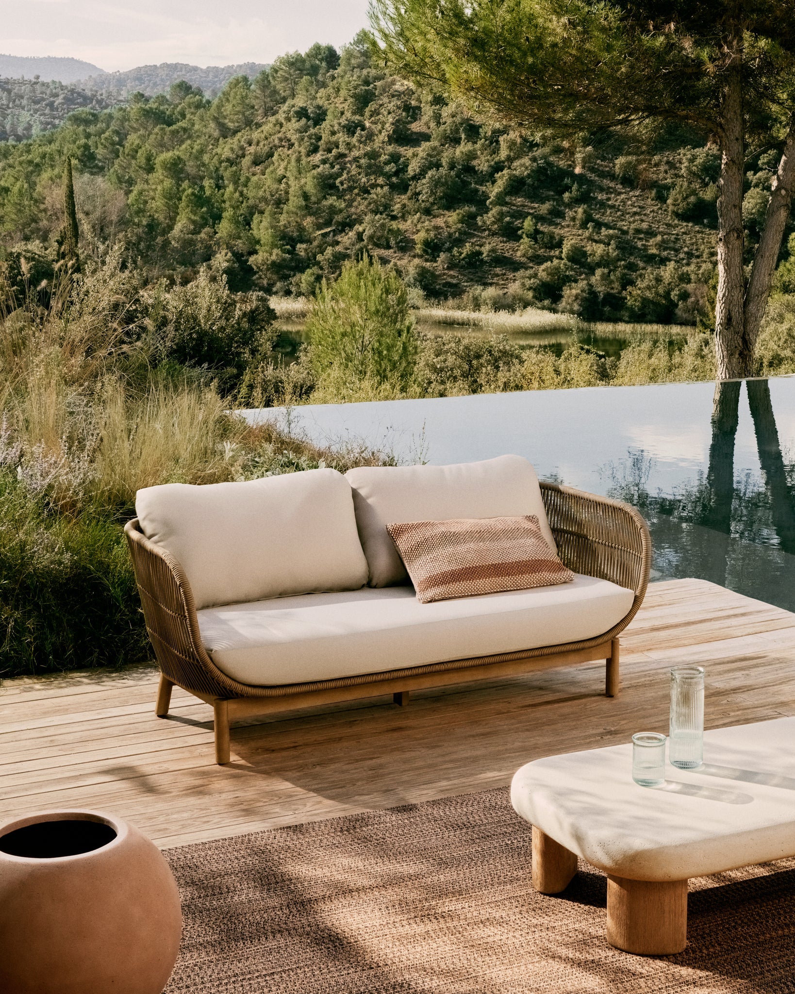 Beige Rope & Acacia Wood 3-Seater Sofa, Outdoor Lounge Couch