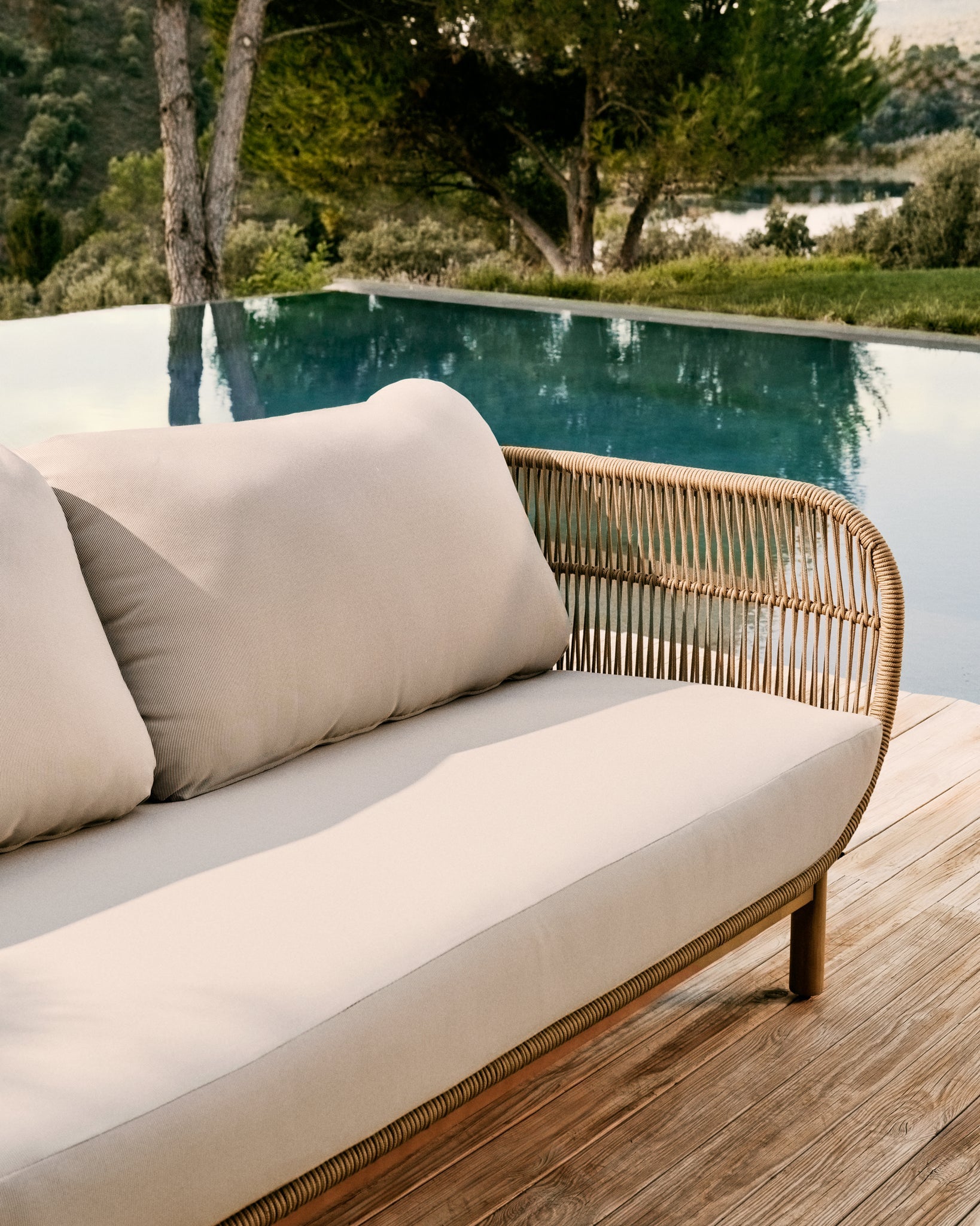 Beige Rope & Acacia Wood 3-Seater Sofa, Outdoor Lounge Couch