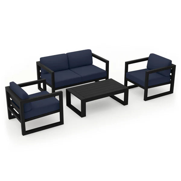 Outdoor Sofa Set, Aluminum Frame Navy Cushions 4 Piece with Coffee Table, Modern Patio Outdoor Sofa