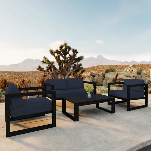 Outdoor Sofa Set, Aluminum Frame Navy Cushions 4 Piece with Coffee Table, Modern Patio Outdoor Sofa