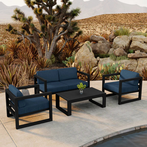 Outdoor Sofa Set, Aluminum Frame Navy Cushions 4 Piece with Coffee Table, Modern Patio Outdoor Sofa