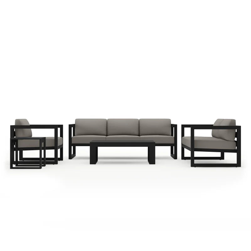 Black Frame Sofa Set with Gray Cushions 5 Piece with Coffee Table, Modern Patio Outdoor Sofa