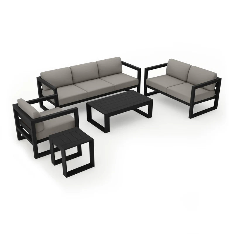 Black Frame Sofa Set with Gray Cushions 5 Piece with Coffee Table, Modern Patio Outdoor Sofa
