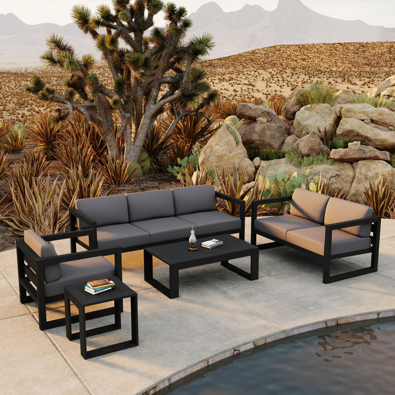 Black Frame Sofa Set with Gray Cushions 5 Piece with Coffee Table, Modern Patio Outdoor Sofa