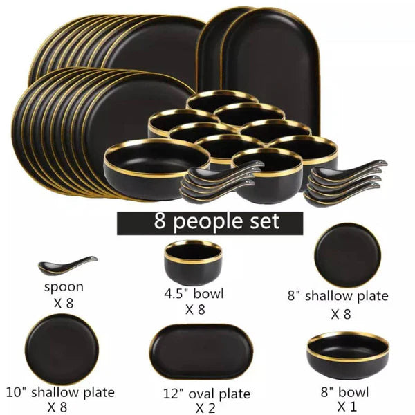 Dinnerware Set Black Ceramic with Gold Rim 40-Piece Service for 8, Modern Kitchen Tableware Collection