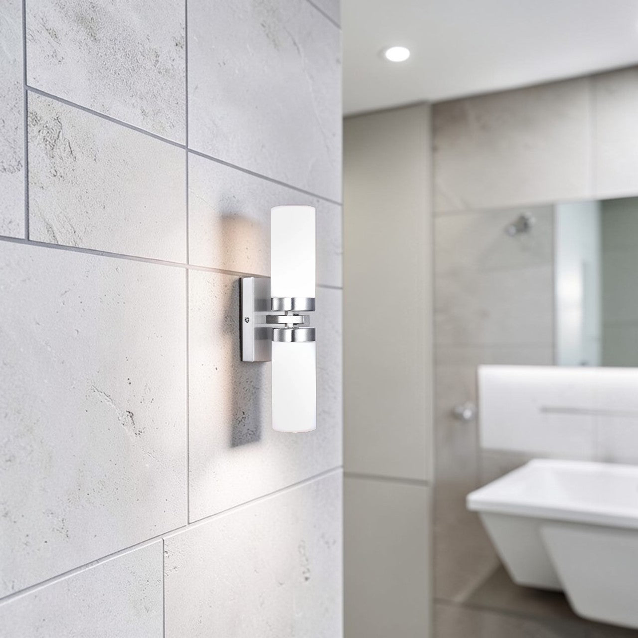Bathroom Light Brushed Nickel Wall Sconce with Frosted Glass Dual E14 Bulbs, Modern Vanity Fixture