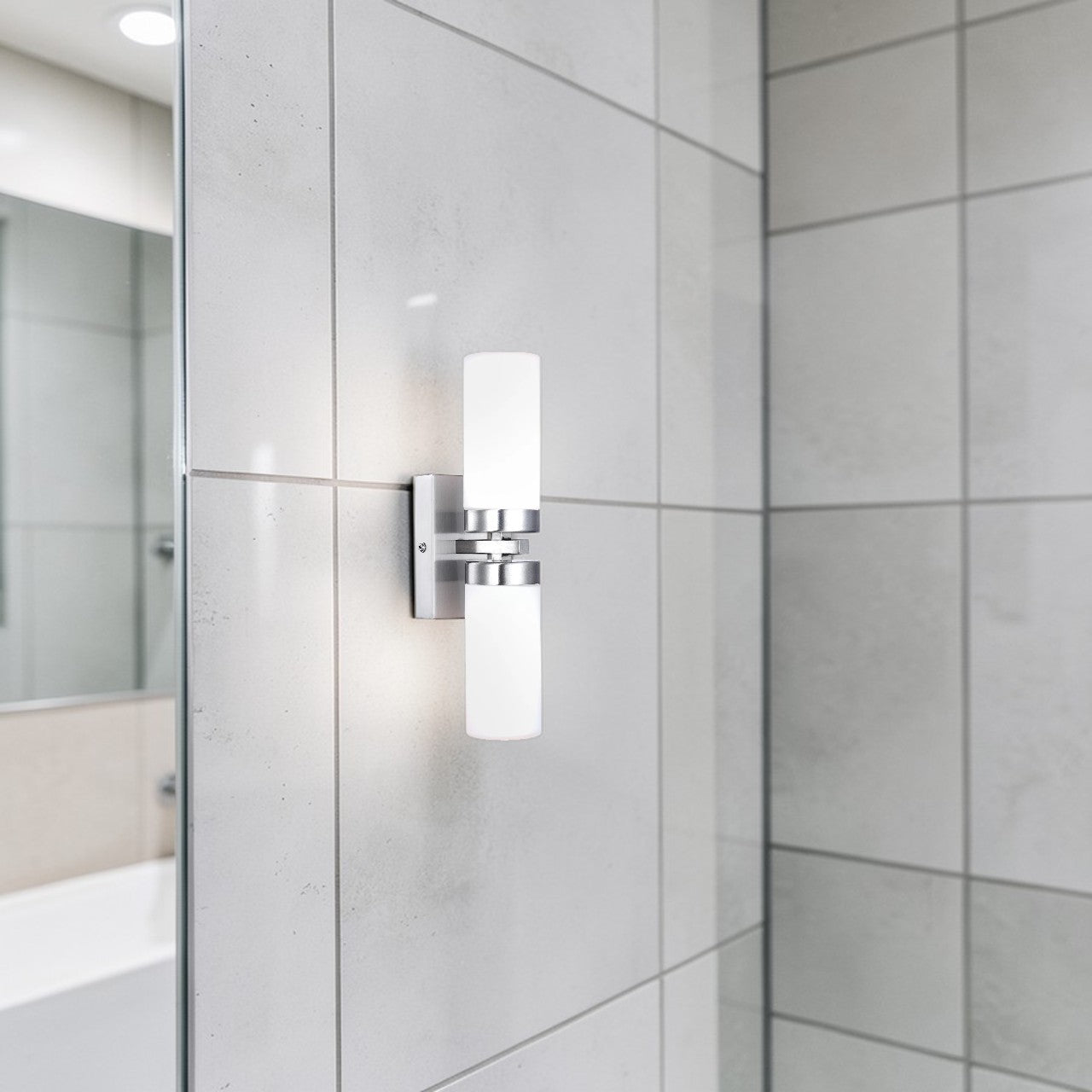 Bathroom Light Brushed Nickel Wall Sconce with Frosted Glass Dual E14 Bulbs, Modern Vanity Fixture