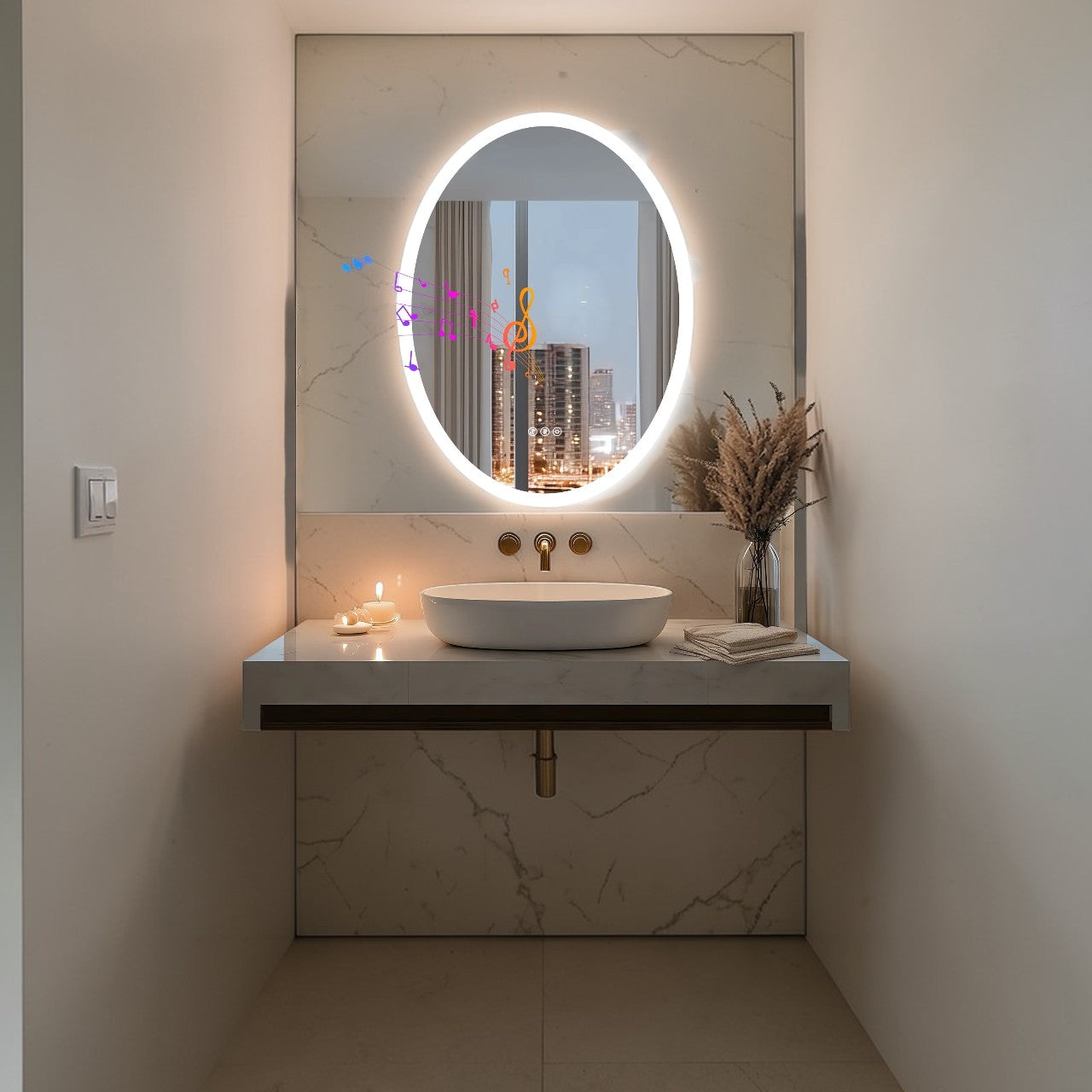 Bathroom Mirror Oval LED with Bluetooth Speaker Anti-Fog Dimmable 23.6"x31.5", Modern Vanity Mirror