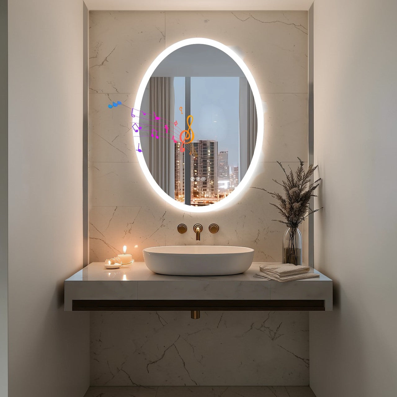 Bathroom Mirror Oval LED with Bluetooth Speaker Anti-Fog Dimmable 23.6"x31.5", Modern Vanity Mirror