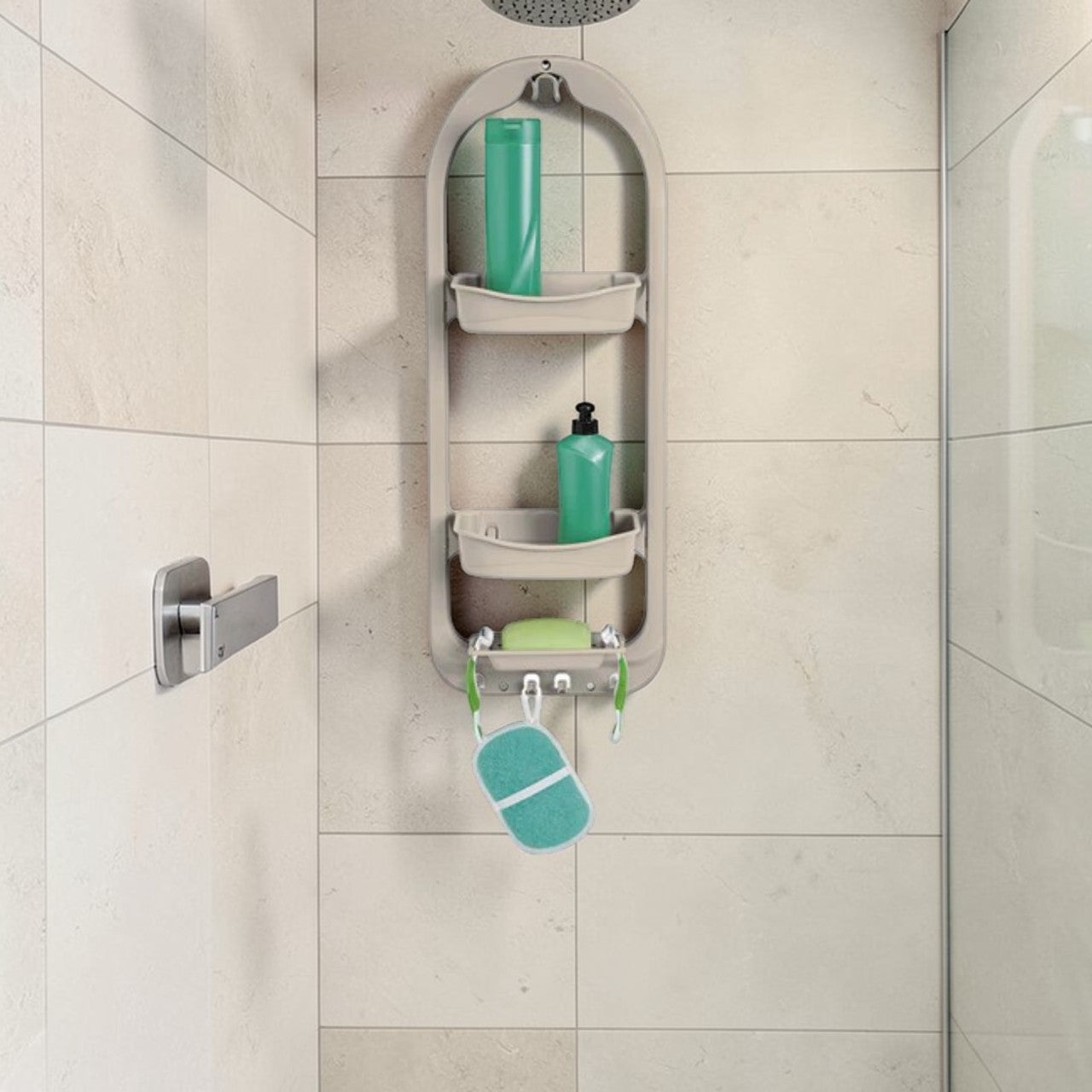 Bathroom Shower Caddy, Plastic 2-Tier with Hooks, Wall Mounted Organizer