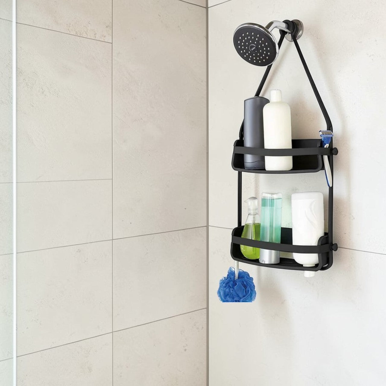 Black 2-Tier Bathroom Shower Caddy with Drainage & Hanging Design, Adjustable Organizer