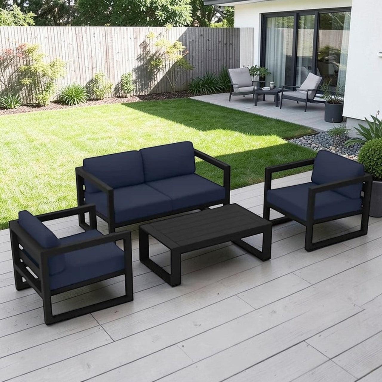 Outdoor Sofa Set, Aluminum Frame Navy Cushions 4 Piece with Coffee Table, Modern Patio Outdoor Sofa
