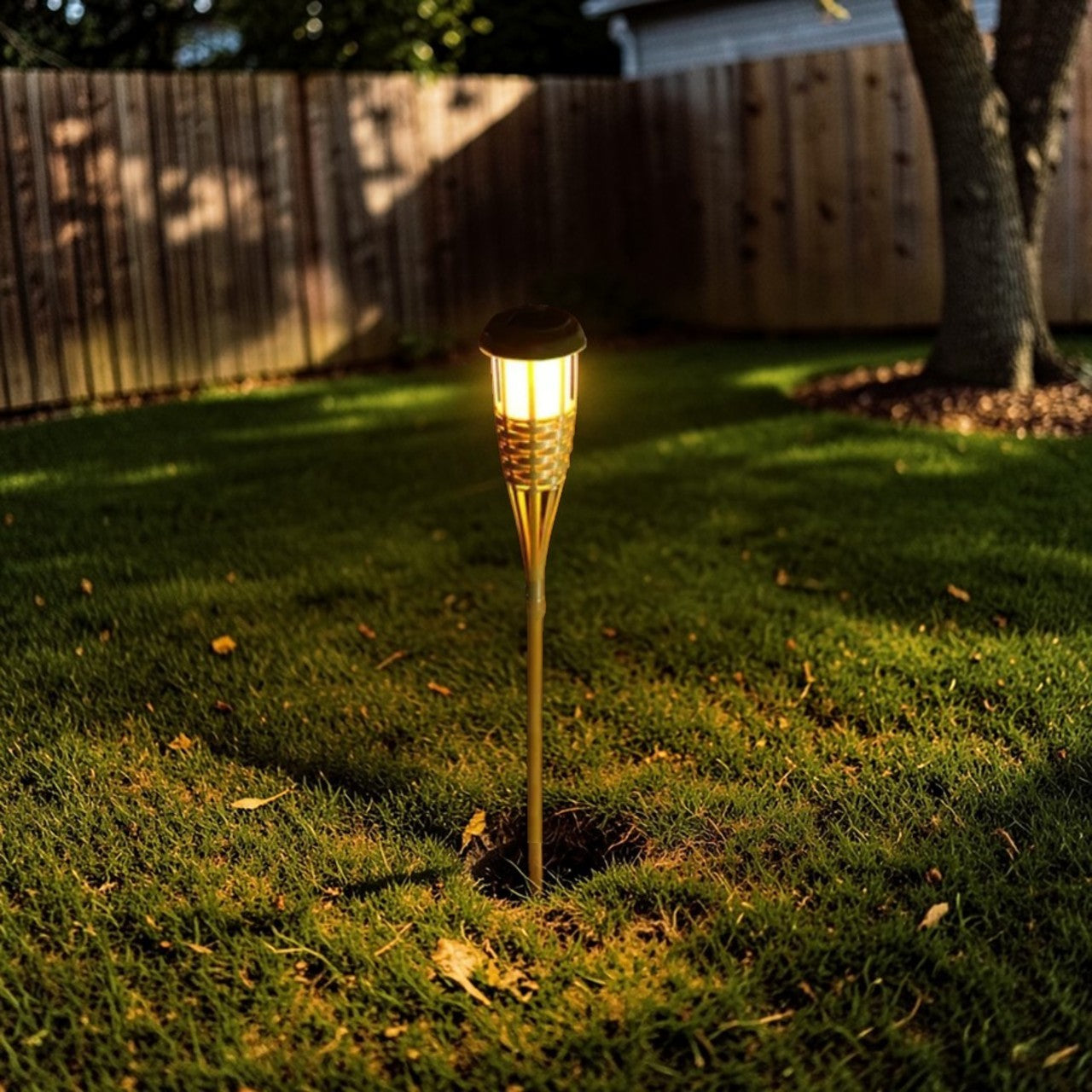 LED Outdoor Light Natural Bamboo Finish Solar Torch Style 6 Piece Set, Garden Pathway Outdoor Light