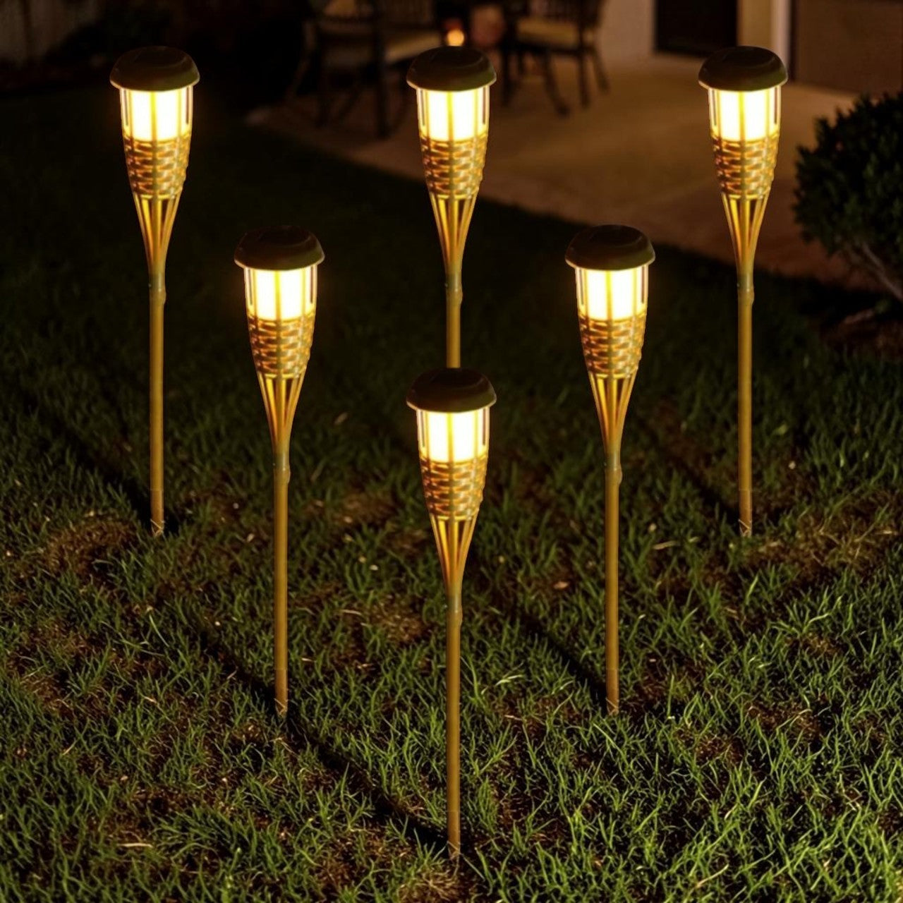 LED Outdoor Light Natural Bamboo Finish Solar Torch Style 6 Piece Set, Garden Pathway Outdoor Light