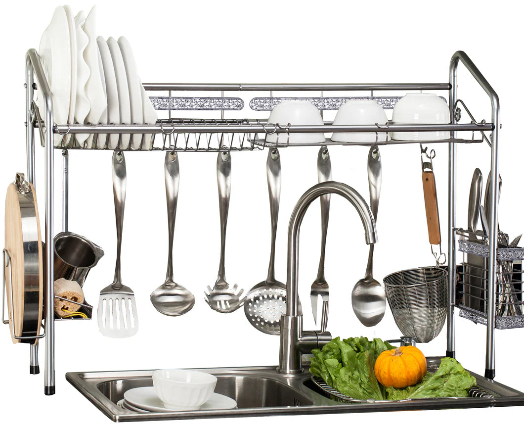 Over Sink Nano-Coated Steel Dishrack with Utensil Holders & Hooks, Multi-Function Organizer