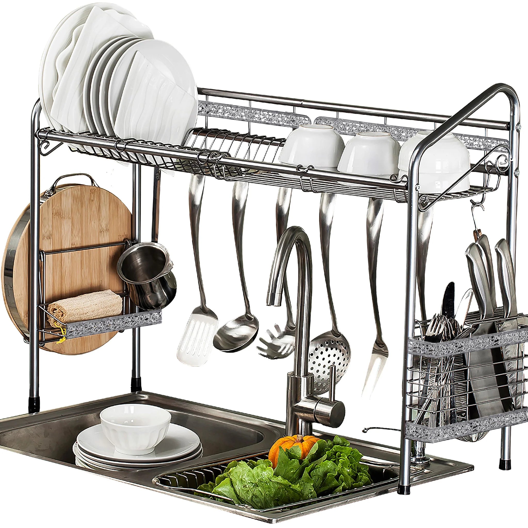 Over Sink Nano-Coated Steel Dishrack with Utensil Holders & Hooks, Multi-Function Organizer