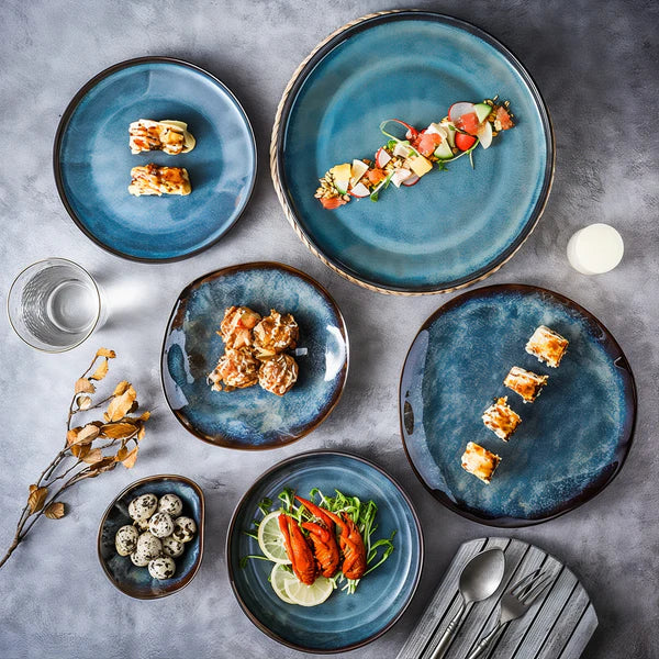 Dinnerware Set Blue Porcelain 36-Piece Service for 6, Modern Kitchen Tableware Collection