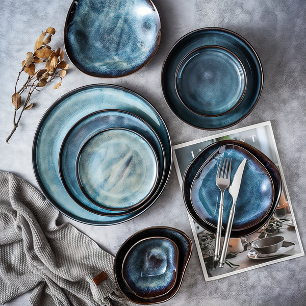 Dinnerware Set Blue Porcelain 36-Piece Service for 6, Modern Kitchen Tableware Collection