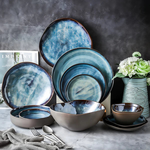 Dinnerware Set Blue Porcelain 36-Piece Service for 6, Modern Kitchen Tableware Collection