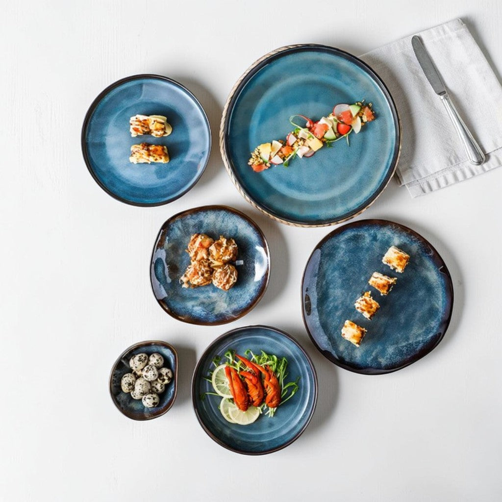 Dinnerware Set Blue Porcelain 36-Piece Service for 6, Modern Kitchen Tableware Collection