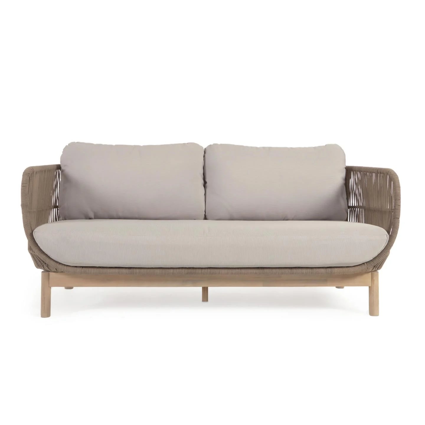 Beige Rope & Acacia Wood 3-Seater Sofa, Outdoor Lounge Couch