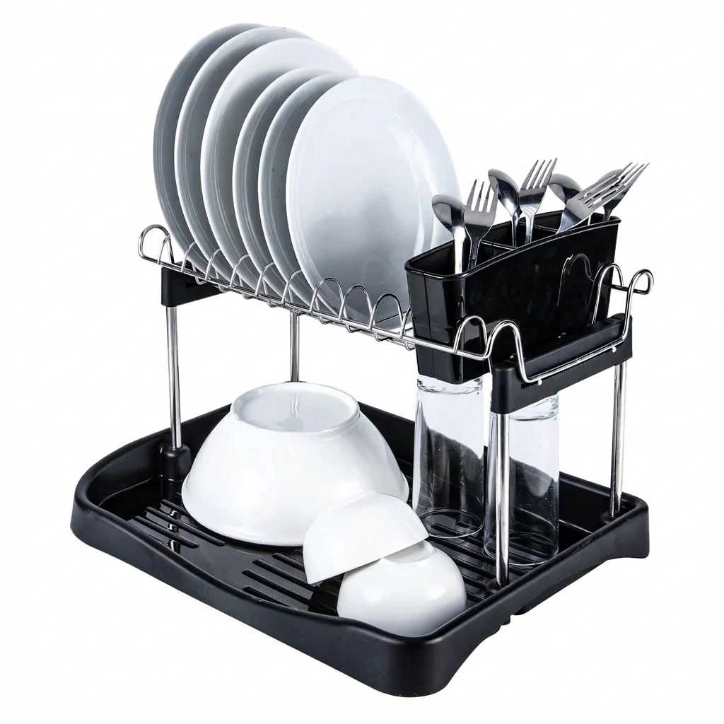 Chrome-Plated Steel Dish Rack with Drain Tray & Utensil Holder, Compact Countertop Organizer