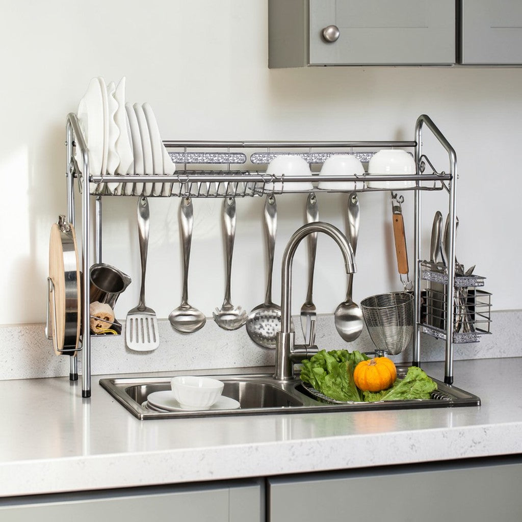 Over Sink Nano-Coated Steel Dishrack with Utensil Holders & Hooks, Multi-Function Organizer
