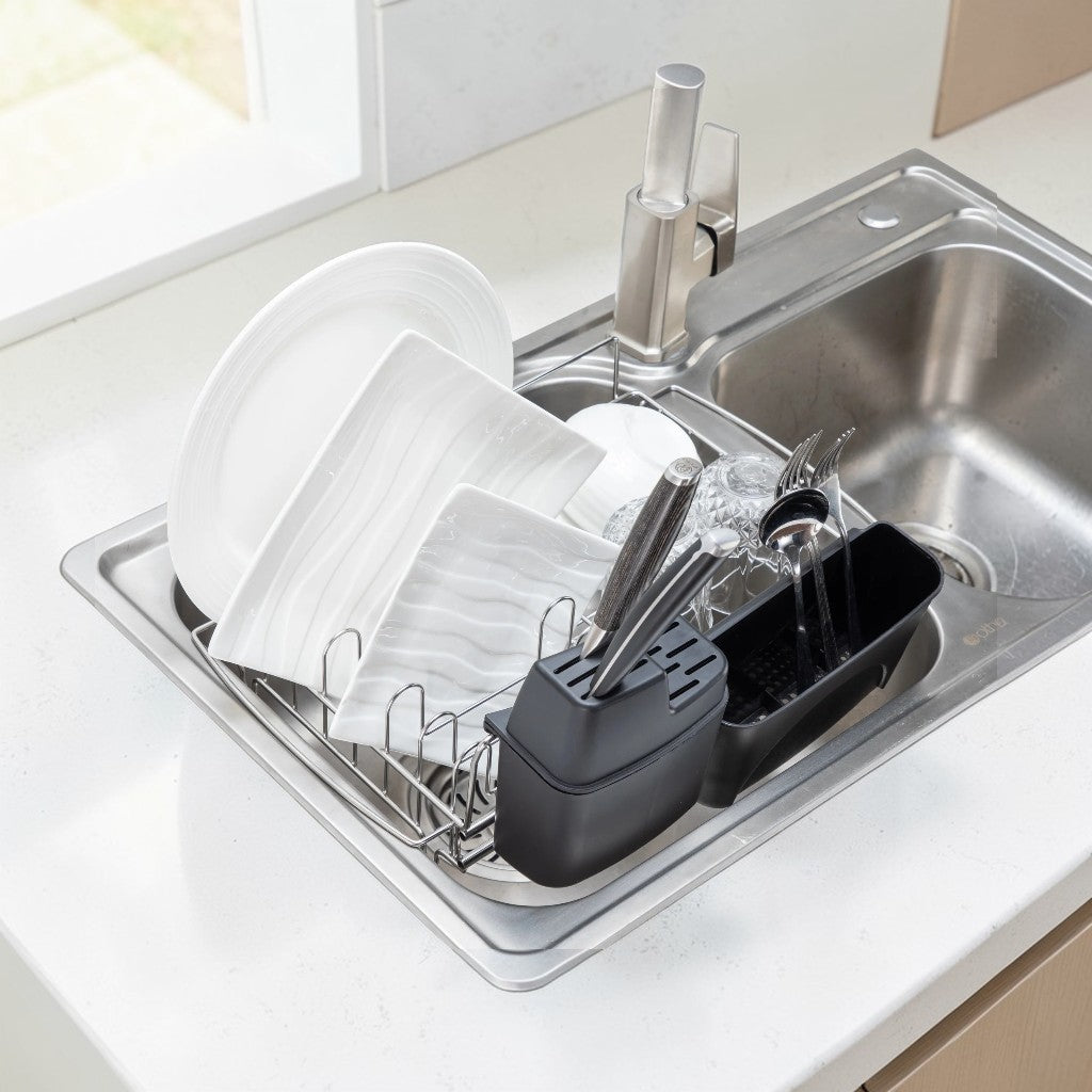 Kitchen Dishrack, 304 Stainless Steel Adjustable In-Sink Organizer with Utensil Holders, Space-Saving Design