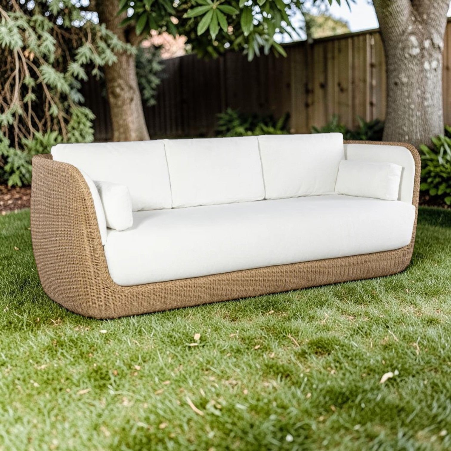 Natural Woven Rattan 3-Seater Sofa with Cream Cushions, Outdoor Lounge Couch