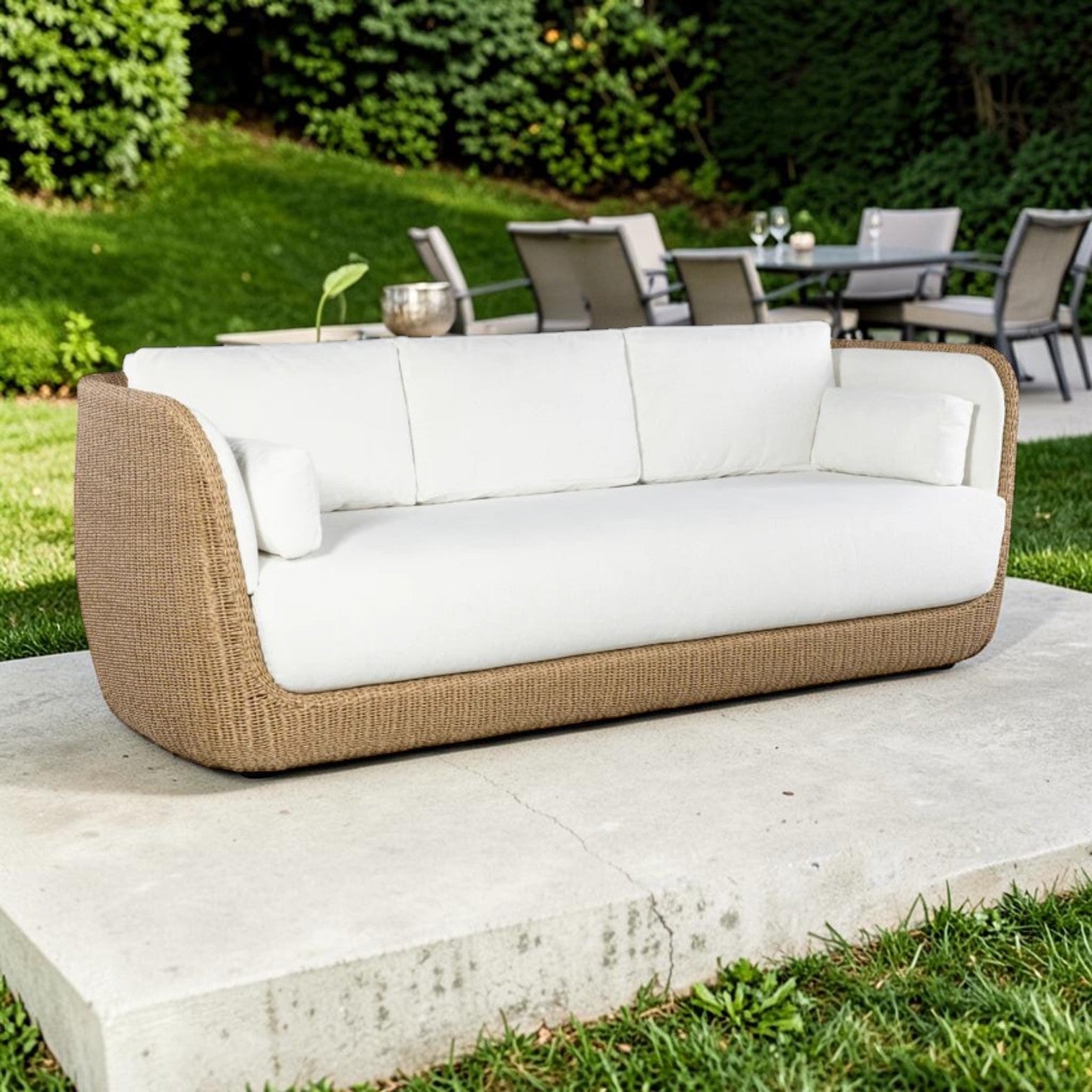 Natural Woven Rattan 3-Seater Sofa with Cream Cushions, Outdoor Lounge Couch