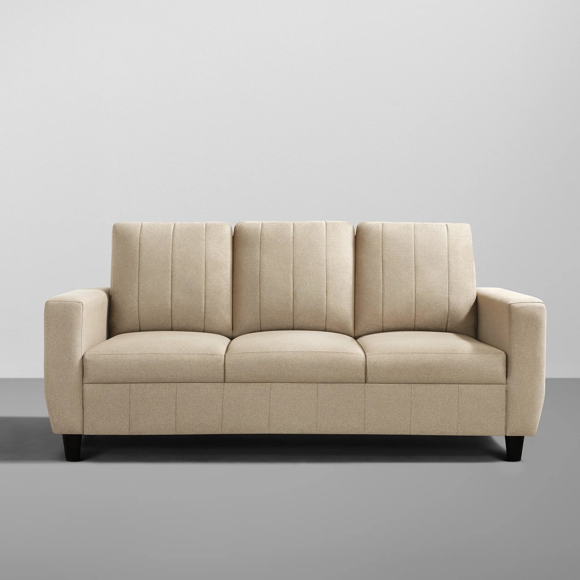 Beige Living Room Sofa, Fabric 3-Seater with Vertical Tufting & Modern Comfort, Contemporary Couch