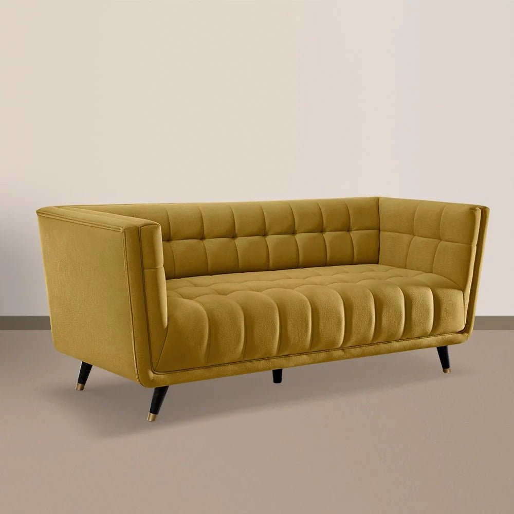 Yellow Sofa, Fabric 3-Seater with Channel Tufting & Mid-Century Design, Modern Couch