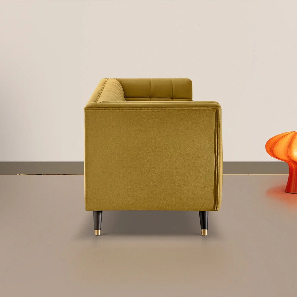 Yellow Sofa, Fabric 3-Seater with Channel Tufting & Mid-Century Design, Modern Couch